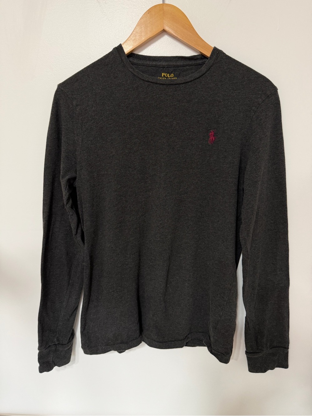 Polo Ralph Lauren Men’s Charcoal Gray Long Sleeve Crew Shirt Burgundy Pony Logo